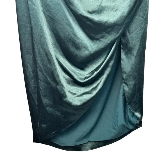 New Elliatt Cassini Emerald Green Satin One Shoulder Side Ruched Dress Women's L - Picture 6 of 14